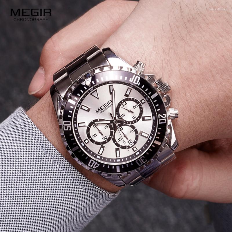 

Wristwatches Megir Men's Green Dial Stainless Steel Quartz Watches Business Chronograph Analgue Man Wristwatch Waterproof Luminous Male, Ms2064g-silver-black