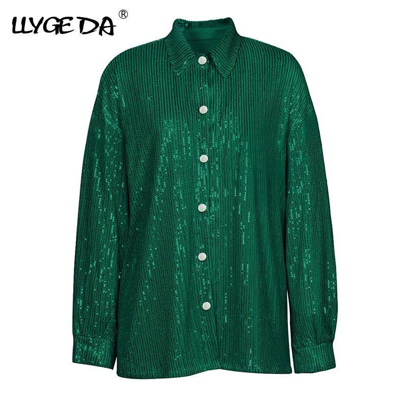 Women's Two Piece Pants Sequins Sexy Women's 3 Pieces Set Bling Underwear Bra Long Sleeve Shirt Wide Leg Pants Female Sets Party Ladies Gree