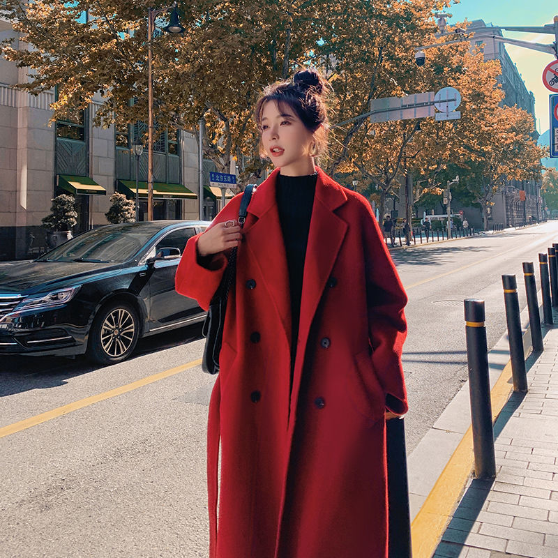 Women's Wool Blends Korea Women Spring Autumn Black Loose Long Wool Coat Jacket Belt Woolen Overcoat Split Hem Cardigan Outerwear 3XL 221010