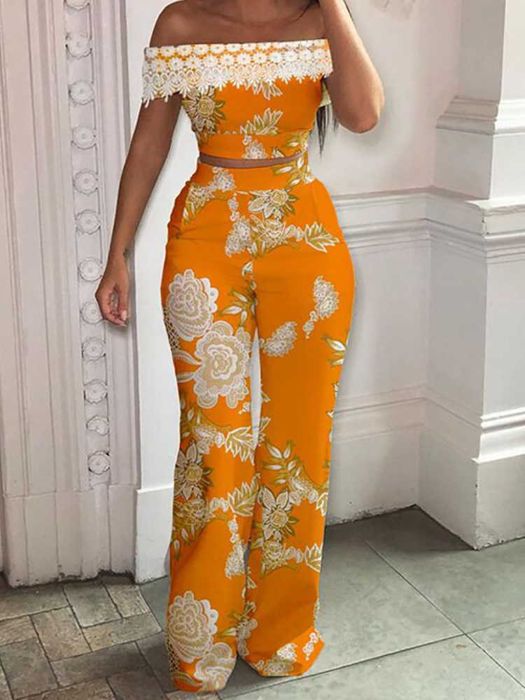 Women's Two Piece Pants Matching Set Women Slash Neck Pullover Top High Elastic Waist Wide Leg Pants Ladies Outfit Summer Printing Slim Streetwea