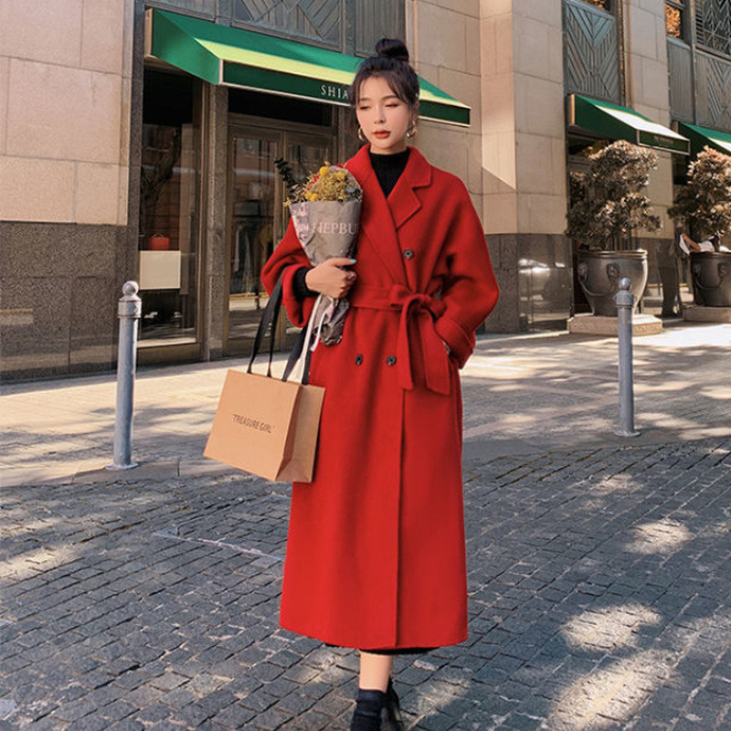 Women's Wool Blends Women's Autumn and Winter Temperament Mid-length Thick Woolen Long-sleeved Women's Jacket Trend Red Fashionable Woo