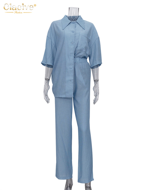 Women's Two Piece Pants Clacive Causal Loose Trouser Suits Autumn Short Sleeve Blouse With High Wasit Pants Set Women Elegant Brown 2 Piece Pants