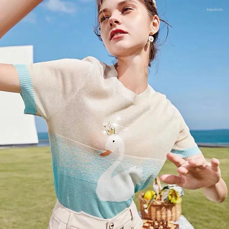 Women's T Shirts TSXTIce Silk Knitted T-shirt Womens Summer 2022 Korean Version Of Pearl Crown Swan Printed Shirt Short Sleeve Thin, Main picture color
Women's T Shirts TSXTIce Silk Knitted T-shirt Womens Summer 2022 Korean Version Of Pearl Crown Swan Printed Shirt Short Sleeve Thin, Main picture color