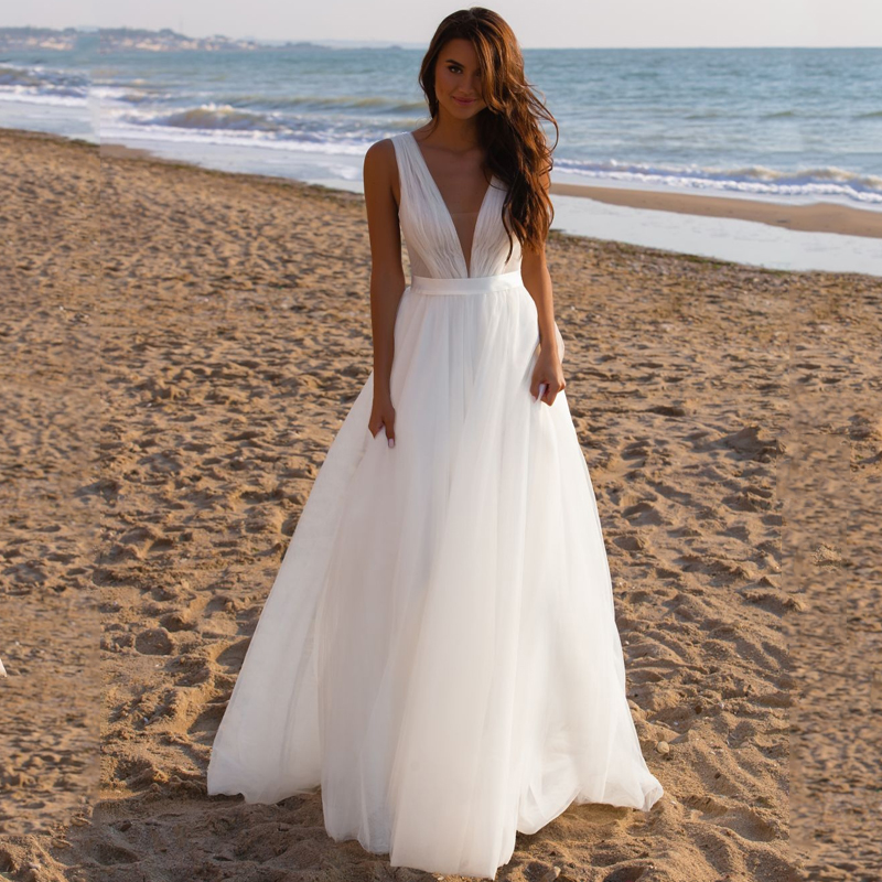 Charming Beach Bridal Wedding Dress A Line Sleeveless V Neckline Boho Wedding Gown for Bride Backless 2023 Robe de Mariee