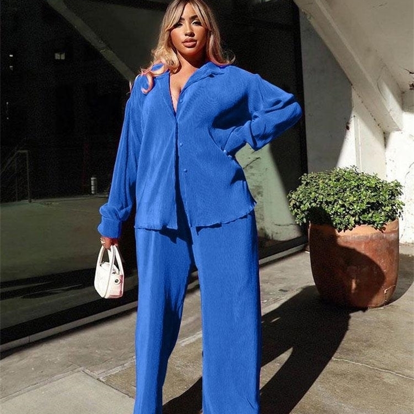 Women's Two Piece Pants Women's Shirt Pleated Sets High Waist Wide Leg Pants Suit Casual Elegant Female Long Sleeve Top Outfit Matching Set 