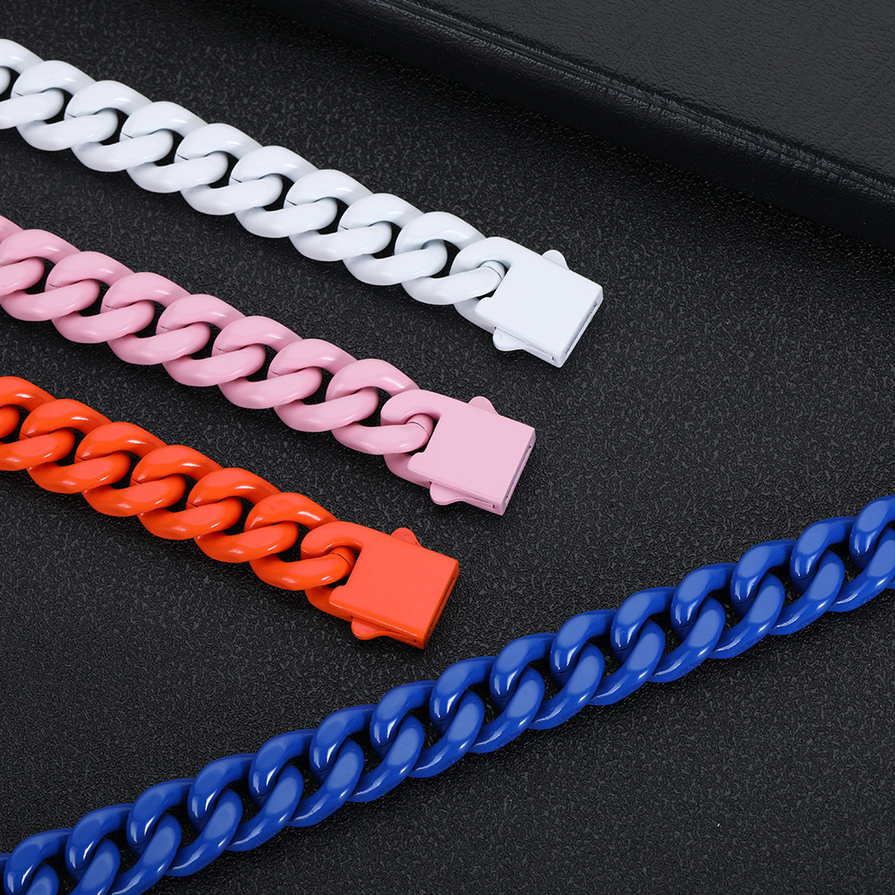 Hip Hop Colorful Stainless Steel Cuban Chain Necklace Spring Buckle Women Men Couple Jewelry