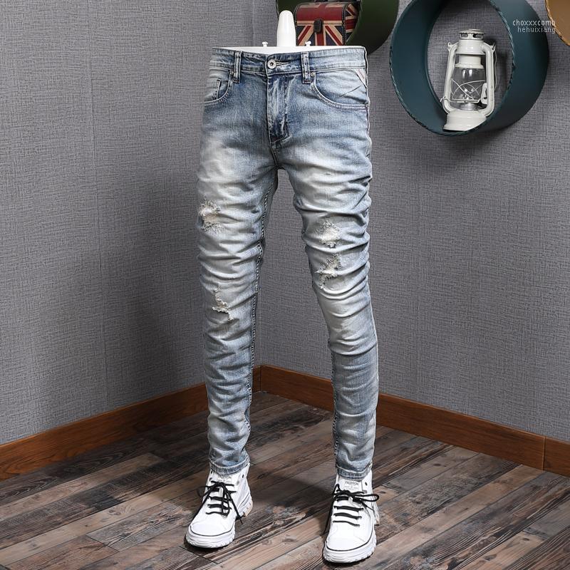 Men's Jeans Men's European American Vintage Fashion Men Retro Light Blue Elastic Slim Ripped Patchwork Designer Casual Denim Pants
Men's Jeans Men's European American Vintage Fashion Men Retro Light Blue Elastic Slim Ripped Patchwork Designer Casual Denim Pants