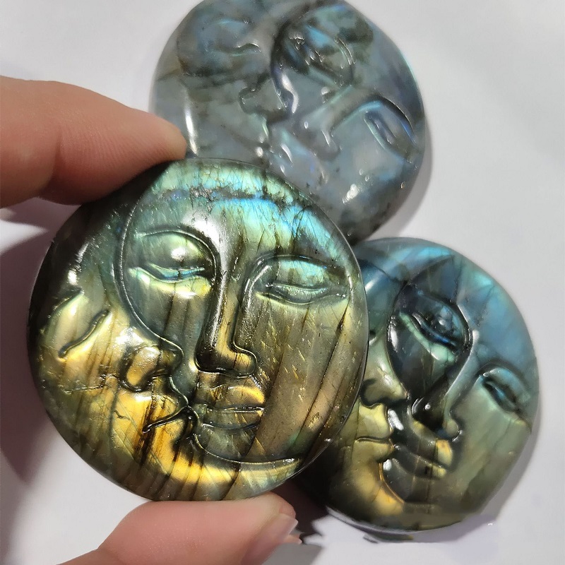 Natural moonstone arts crystal original stone carving sun moon face European and American decorative meditation Labradorite crystal ornaments