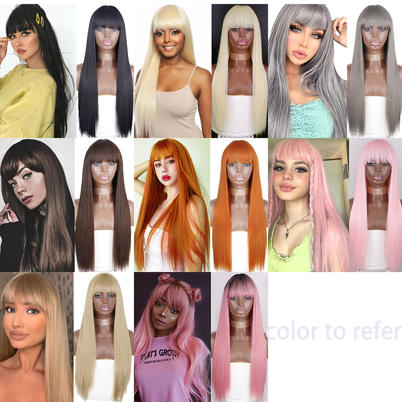 Synthetic Straight Hair Long Black Pink Cosplay Wig With Bangs 28 Inch Long Heat-Resistant Orange Wigs For Women