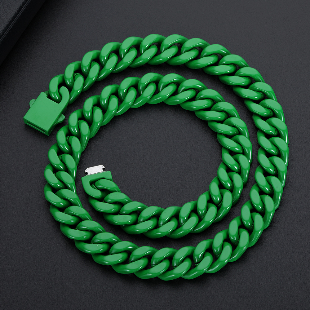 Hip Hop Colorful Stainless Steel Cuban Chain Necklace Spring Buckle Women Men Couple Jewelry