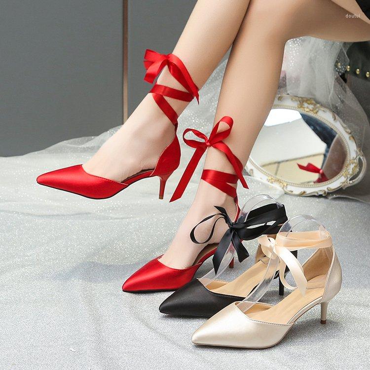 

Dress Shoes Summer High Heels Women's Fashion Pointed Toe Solid Color Lace Up Exquisite Graceful Ladies Middle Heel Sandals, Red