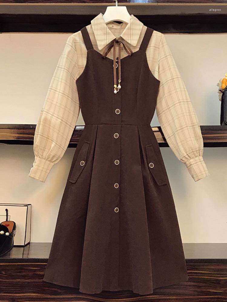 Work Dresses Autumn 2 Piece Set For Women Vintage Plaid Bow Loose Shirt Corduroy Button Suspender Ball Gown Suits French Retro, Picture
Work Dresses Autumn 2 Piece Set For Women Vintage Plaid Bow Loose Shirt Corduroy Button Suspender Ball Gown Suits French Retro, Picture