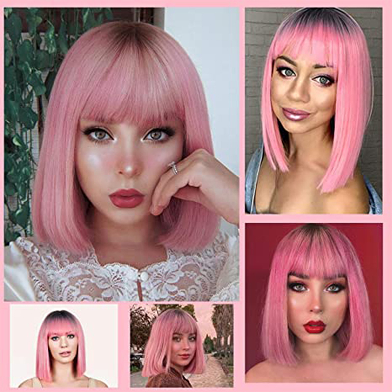 Synthetic Short Bob Straight Wig With Bangs for Women Wigs Black Pink Wigs Party Daily Use Shoulder Length