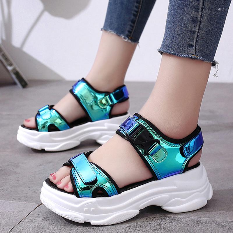 Dress Shoes Women Sandals 2022 Fashion Ladies Casual Bling Wedges Buckle Strap Platform 5 CM Summer, Blue