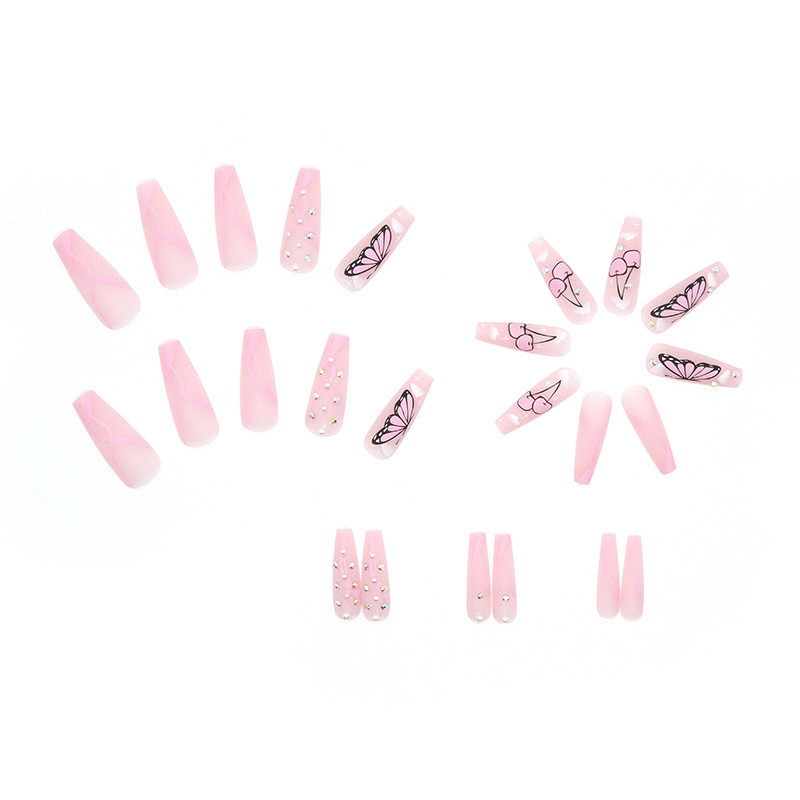 Wearable Ballerina Nails Coffin Butterfly Design French Fake Nails Detachable Full Cover Nail Tips With Rhinestone Unas De Bailarina Usables