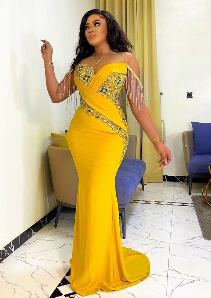 Arabic Aso Ebi Yellow Mermaid Prom Dresses Beaded Crystals Lace Evening Formal Party Second Reception Birthday Engagement Bridesmaid Gowns Dress ZJ534