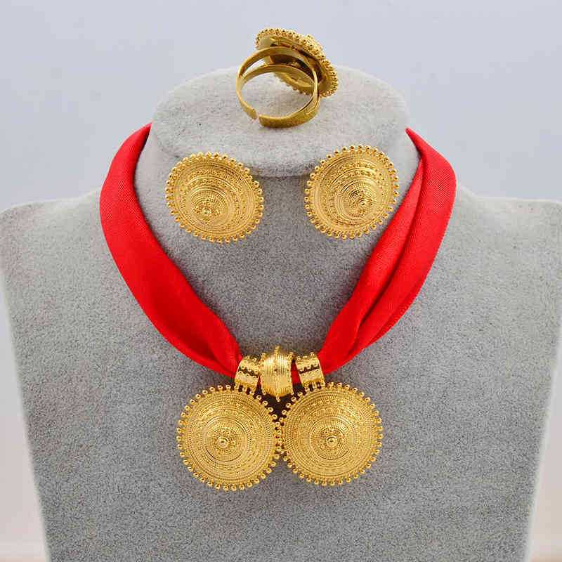 Anniyo DIY Rope Chain Ethiopian Jewelry Set Gold Color Eritrea Ethnic Style Habesha Pendant Earrings Ring #217106 220105
