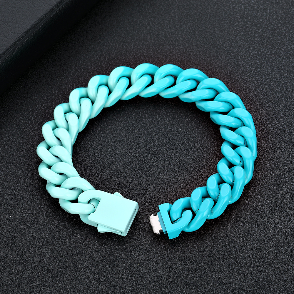 Hip Hop Colorful Stainless Steel Cuban Chain Necklace Bracelet Spring Buckle Mens Jewelry