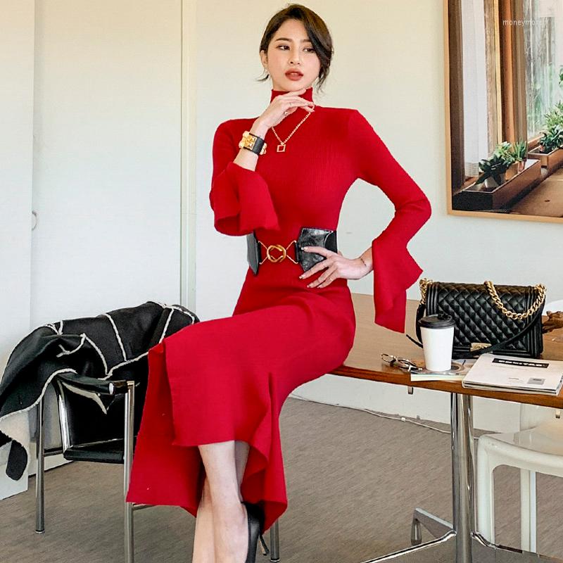 Casual Dresses 2022 Winter Knitted Sweater Dress For Women Elegant Turtleneck Flare Long Sleeve Female Mermaid Vestidos With Belt, Photo color1
Casual Dresses 2022 Winter Knitted Sweater Dress For Women Elegant Turtleneck Flare Long Sleeve Female Mermaid Vestidos With Belt, Photo color1