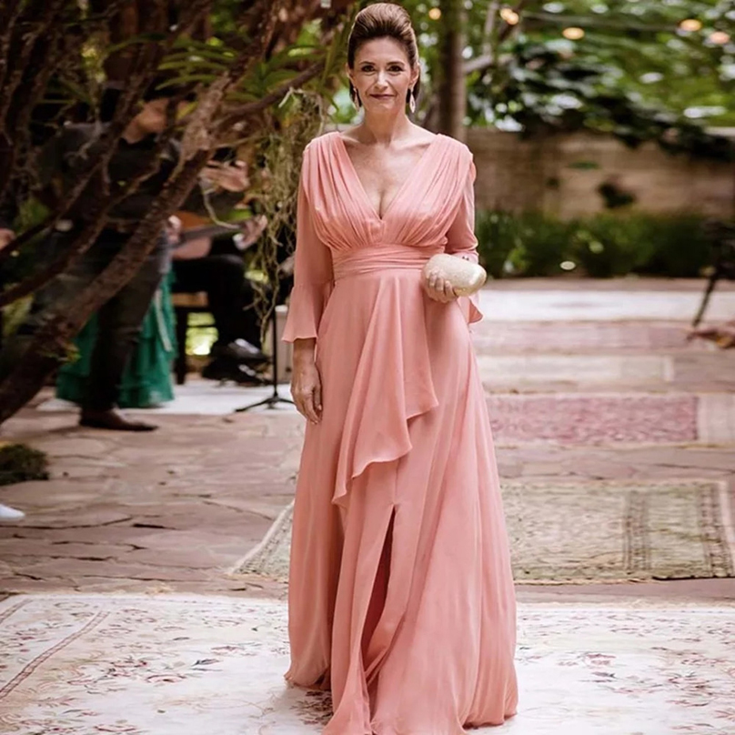Chiffon Mother of the Bride Dresses with Long Sleeves V Neck Floor Length A Line Wedding Guest Evening Gowns
Chiffon Mother of the Bride Dresses with Long Sleeves V Neck Floor Length A Line Wedding Guest Evening Gowns