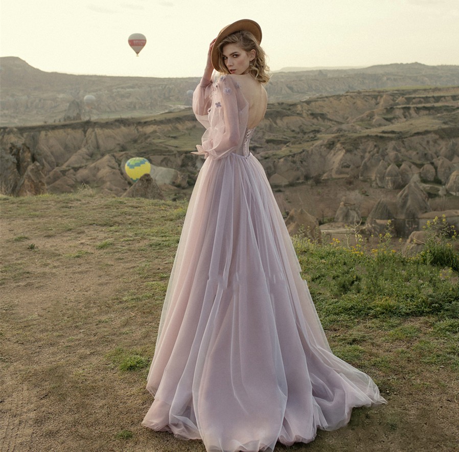 Sweetheart Lilac Tulle A-line Exposed Boning Wedding Dress Long Sleeves with 3D Flowers Bridal Gowns Boho Custom Made Abiti Da Sposa Vestido De Novia