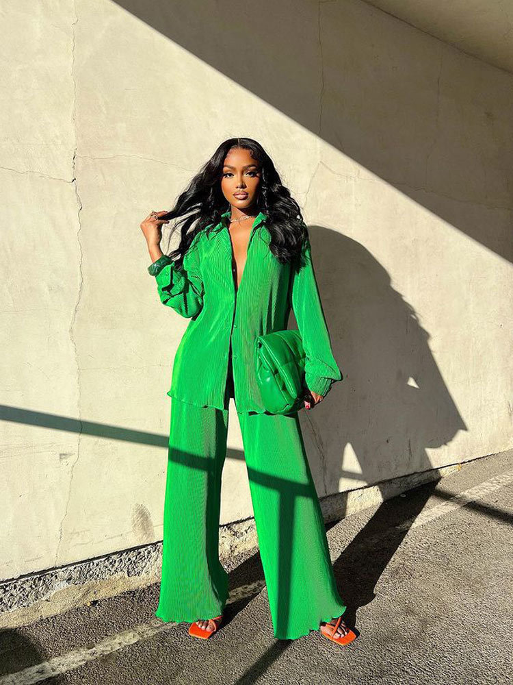 Women's Two Piece Pants Women's Shirt Pleated Sets High Waist Wide Leg Pants Suit Casual Elegant Female Long Sleeve Top Outfit Matching Set 