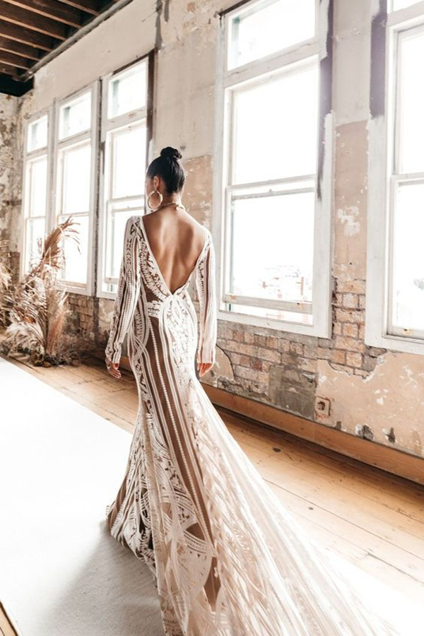 Champange Bohemiain Mermaid Wedding Dresses with Long Sleeve 2023 Crochet Lace Backless Applique Country Bridal Gowns Rue de Seine