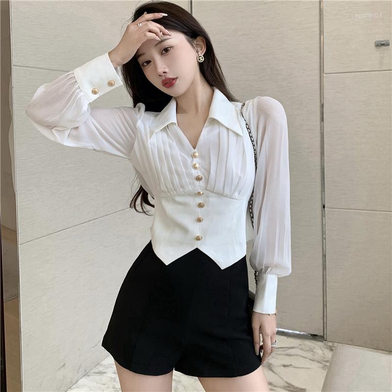 Women's Blouses Women Fashion Professional Shirts Long Sleeves 2022 Spring Summer V-Neck Chic Waist Short Shirt White/Black