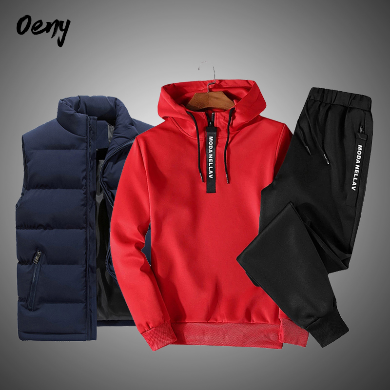 Mens Tracksuits Solid Color Mens Sportswear Sets Patchwork Zipper Tracksuit Men Casual Hooded Sweatshirt HoodiesVestPants 3PC Jogging Suits 221010