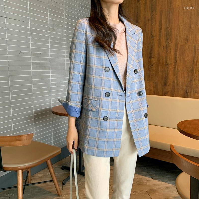 Women' Suits Winter Clothes Women Double-breasted Suit Blazer Coat Female Autumn Loose Blue Plaid Jacket Feminino Long, Sky blue
Women' Suits Winter Clothes Women Double-breasted Suit Blazer Coat Female Autumn Loose Blue Plaid Jacket Feminino Long, Sky blue