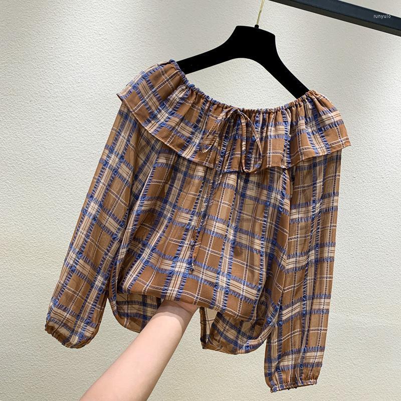 Women' Blouses Vintage Lattice One Word Collar Chic Chiffon Long Sleeve Autumn Shirts Loose Ruffle Women Blusas MM1241, Coffee
Women' Blouses Vintage Lattice One Word Collar Chic Chiffon Long Sleeve Autumn Shirts Loose Ruffle Women Blusas MM1241, Coffee