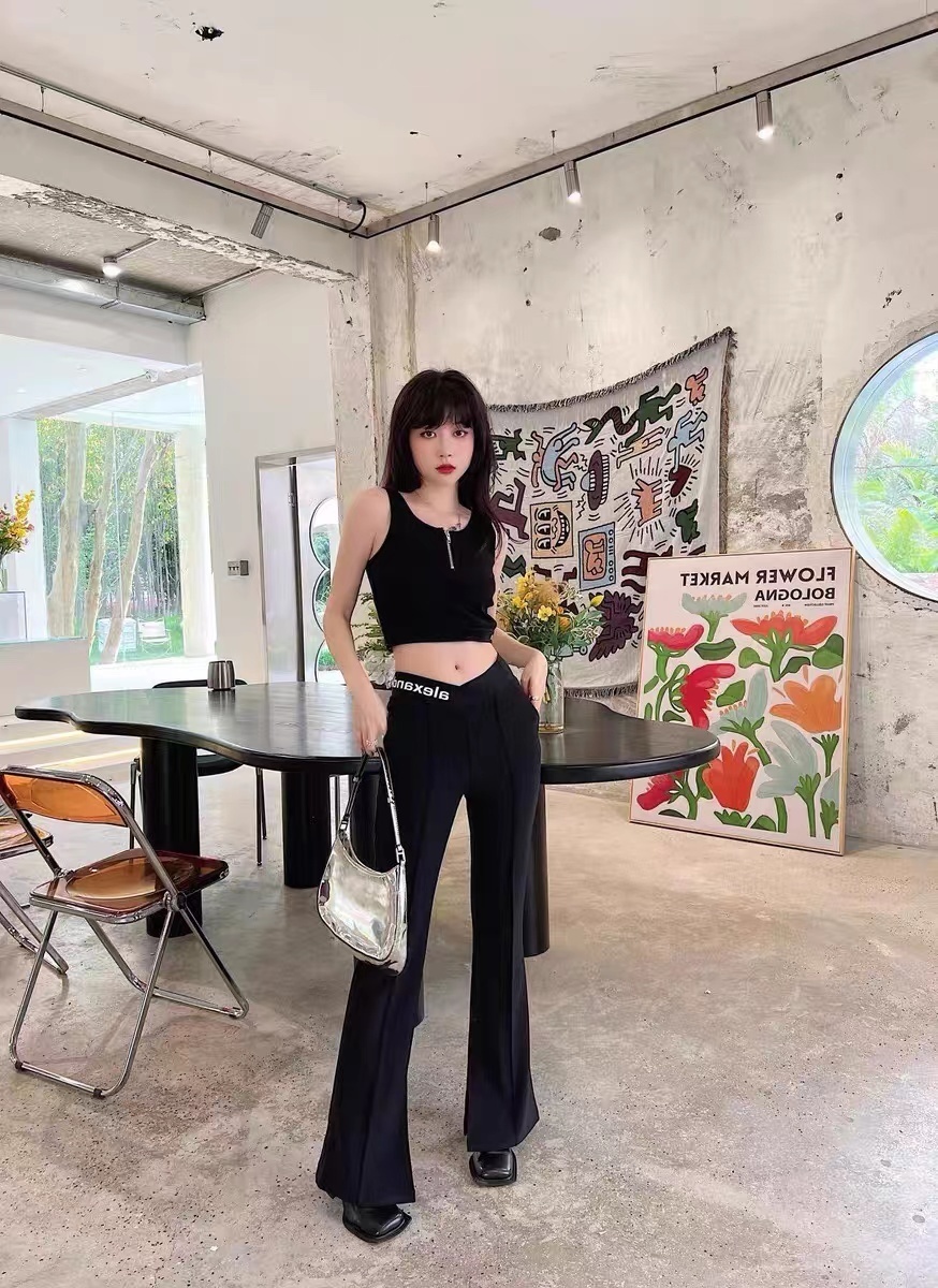 Women's Pants s Spring and Autumn Fashion Printed Letters Irregular High Waist Split Elastic Flared Thin Casual 221011, Black 
Women's Pants s Spring and Autumn Fashion Printed Letters Irregular High Waist Split Elastic Flared Thin Casual 221011, Black