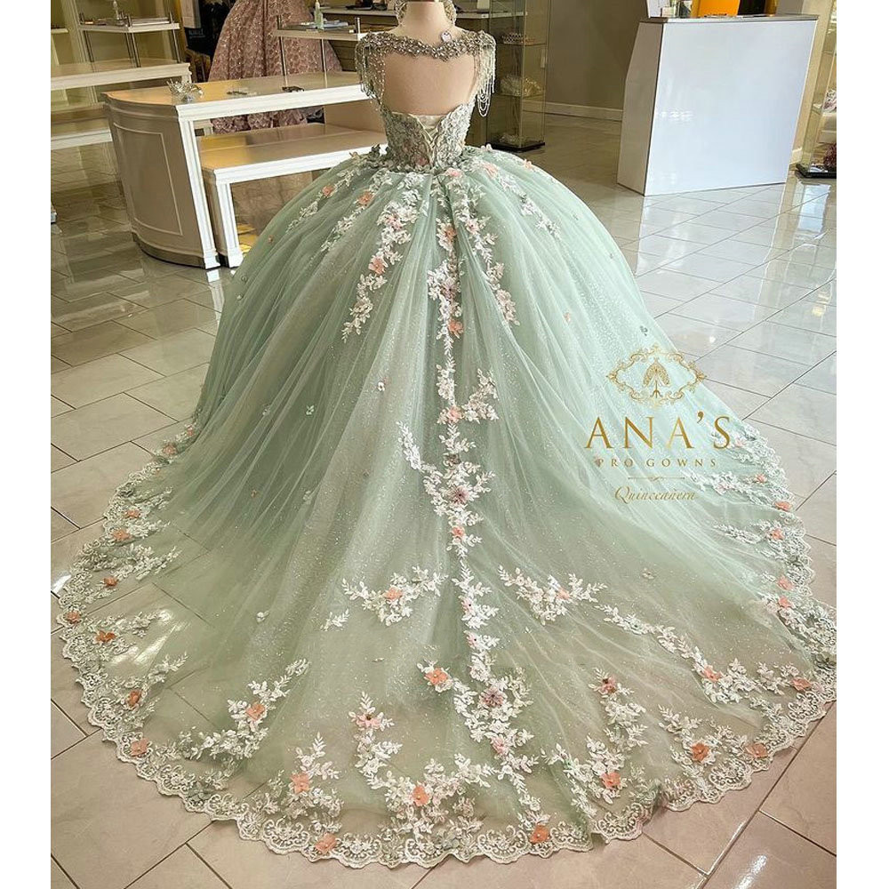Mint Green Beading Tassel Quinceanera Dress princess Off The Shoulder 3D Flowers Appliques lace-up Corset prom Sweet 15 Vestidos De XV Anos
