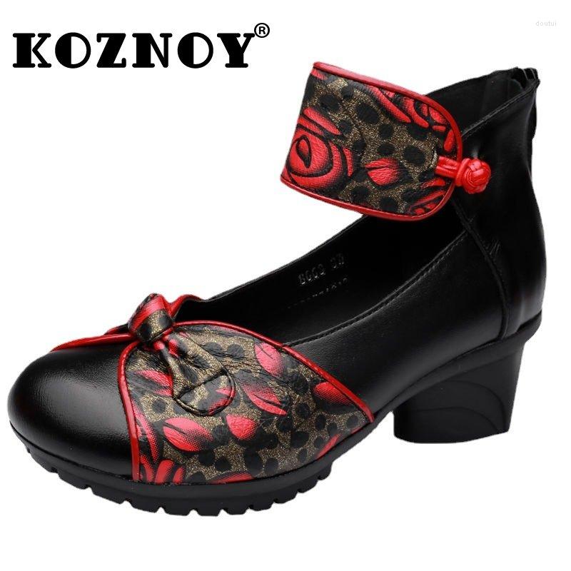 

Dress Shoes Koznoy 5cm Retro Genuine Leather Ethnic Knot Chunky Heel Soft Soled Autumn Summer Ankle Boots Print Women Heeled Females, Black