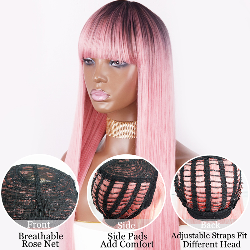 Synthetic Straight Hair Long Black Pink Cosplay Wig With Bangs 28 Inch Long Heat-Resistant Orange Wigs For Women