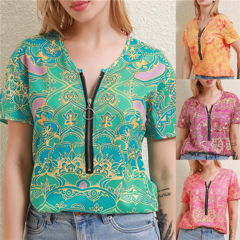 Women's T Shirts Women Summer Front Zipper Shirt Flower Printed Casual V Neck Blouse Ladies Loose Short Sleeve, Yellow
Women's T Shirts Women Summer Front Zipper Shirt Flower Printed Casual V Neck Blouse Ladies Loose Short Sleeve, Yellow
