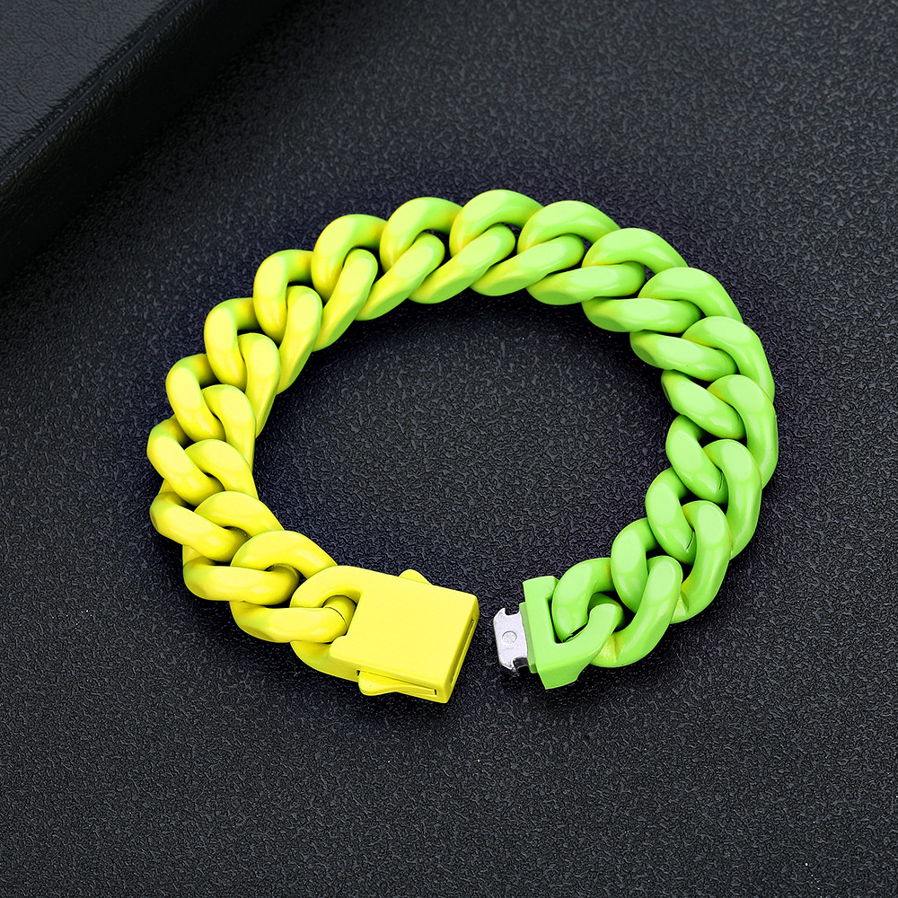 Hip Hop Colorful Stainless Steel Cuban Chain Necklace Bracelet Spring Buckle Mens Jewelry