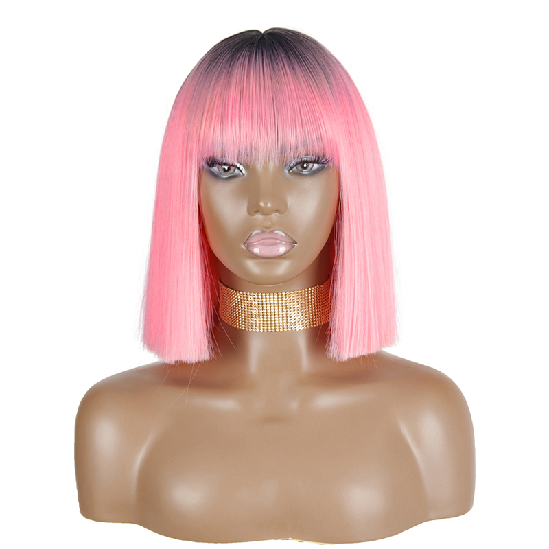 Synthetic Short Bob Straight Wig With Bangs for Women Wigs Black Pink Wigs Party Daily Use Shoulder Length