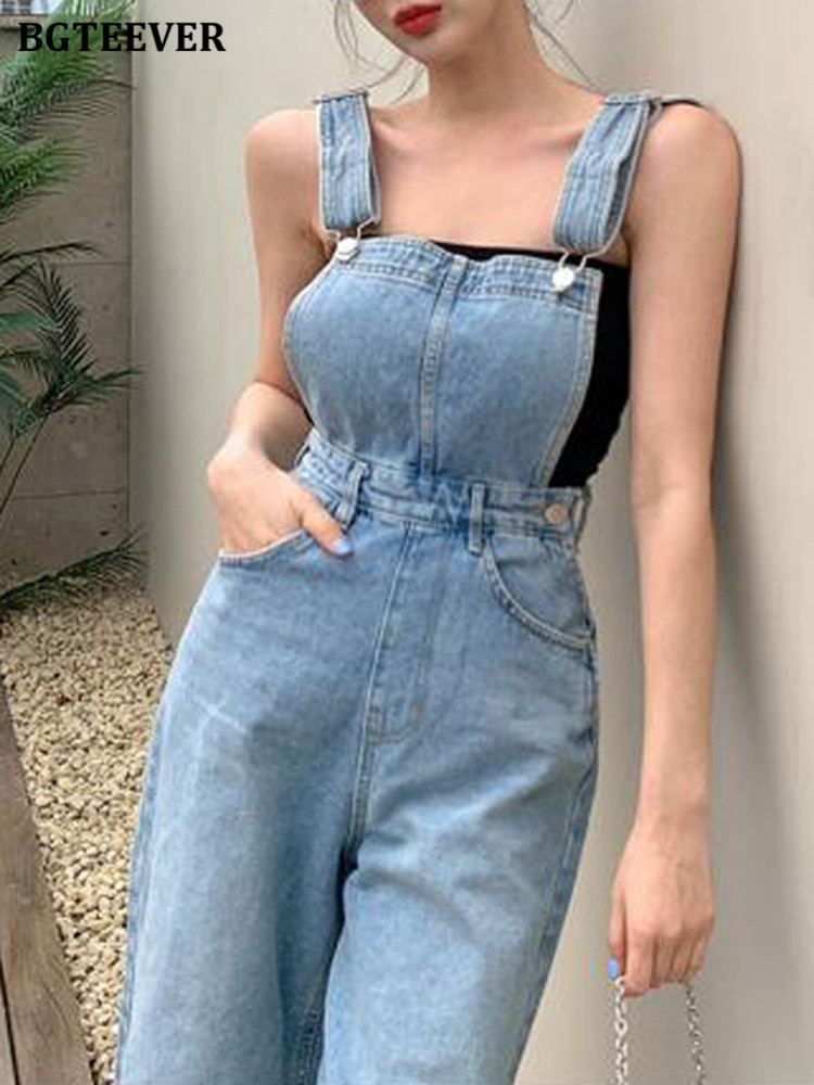 Women' Jeans BGTEEVER Summer Fashion Loose Women Suspender Denim Trousers Casual Sleeveless Pockets Ladies Wide Leg Overalls Pants 221011, Blue 
Women' Jeans BGTEEVER Summer Fashion Loose Women Suspender Denim Trousers Casual Sleeveless Pockets Ladies Wide Leg Overalls Pants 221011, Blue