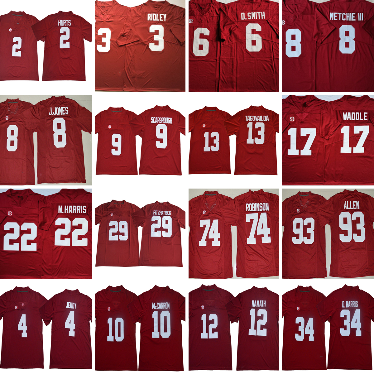 Custom -6XL NCAA College Football Jerseys Henry Ridley Smith Metchie III Jones Cooper Tagovailoa Waddle Harris Fitzpatrick Robinson Allen Jeudy McCarron Namath, Red patch please message
Custom -6XL NCAA College Football Jerseys Henry Ridley Smith Metchie III Jones Cooper Tagovailoa Waddle Harris Fitzpatrick Robinson Allen Jeudy McCarron Namath, Red patch please message