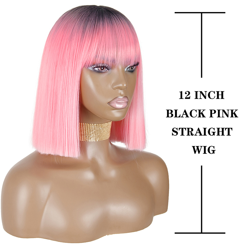 Synthetic Short Bob Straight Wig With Bangs for Women Wigs Black Pink Wigs Party Daily Use Shoulder Length