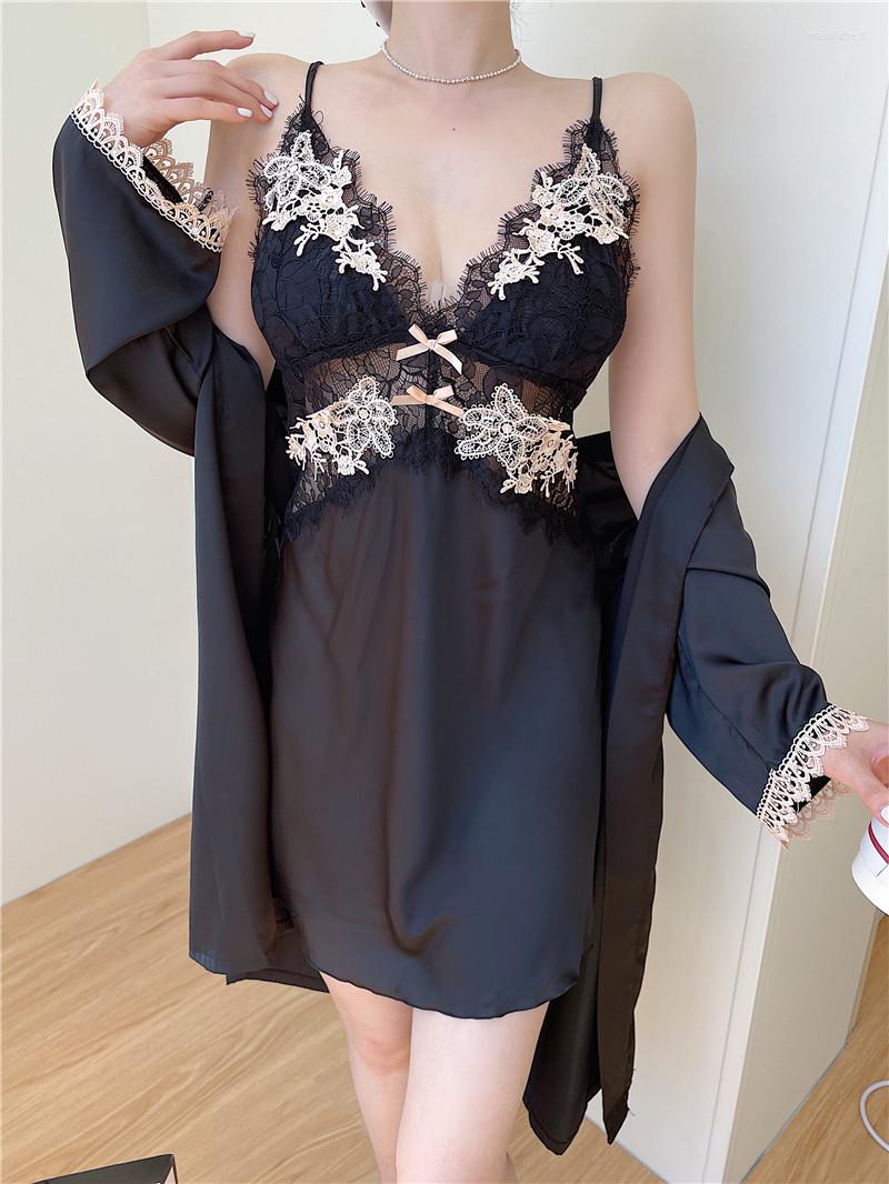 Women's Sleepwear Sexy Pajamas Women's Ice Silk Suspender Nightdress Two-piece Set Traje Conjuntos Lingerie With Robe, Black
Women's Sleepwear Sexy Pajamas Women's Ice Silk Suspender Nightdress Two-piece Set Traje Conjuntos Lingerie With Robe, Black