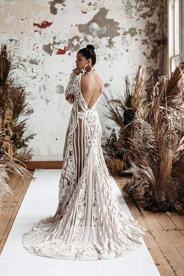 Champange Bohemiain Mermaid Wedding Dresses with Long Sleeve 2023 Crochet Lace Backless Applique Country Bridal Gowns Rue de Seine