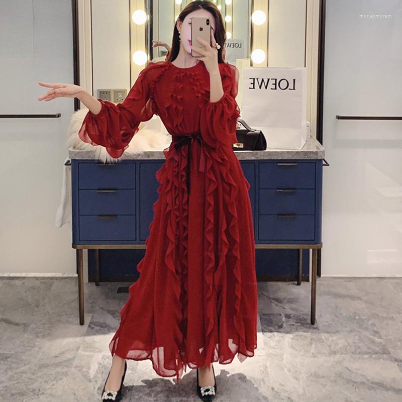 Casual Dresses 2022 Vintage Wine Red Ruffles Dress Women Long Sleeve High Waist Belt Bow Ruched Runway Female Elegant Party Vestidos, Photo color1
Casual Dresses 2022 Vintage Wine Red Ruffles Dress Women Long Sleeve High Waist Belt Bow Ruched Runway Female Elegant Party Vestidos, Photo color1