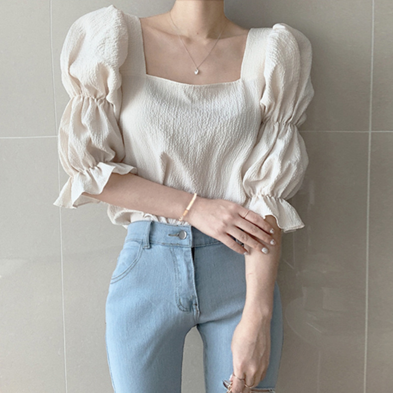 Summer Bubble Sleeve Chiffon Shirt for Women Korean Version Shows Thin Design with Square Neck Tops