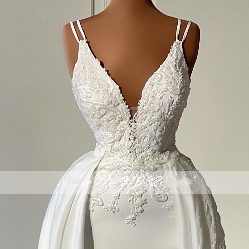 Bridal Gowns with Detachable Train Elegant V Neck Mermaid Satin Wedding Dresses Sleeveless Floor Length Beaded Lace Vestido De Noiva 2023