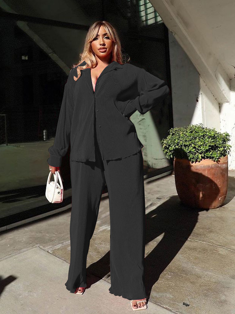 Women's Two Piece Pants Women's Shirt Pleated Sets High Waist Wide Leg Pants Suit Casual Elegant Female Long Sleeve Top Outfit Matching Set 