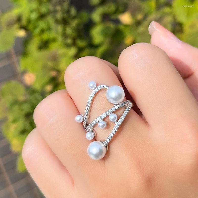 Wedding Rings CWWZircons Adjustable Size Geometric Lines Cubic Zircon Big Engagement Pearl For Women Trendy CZ Jewelry Accessories R233