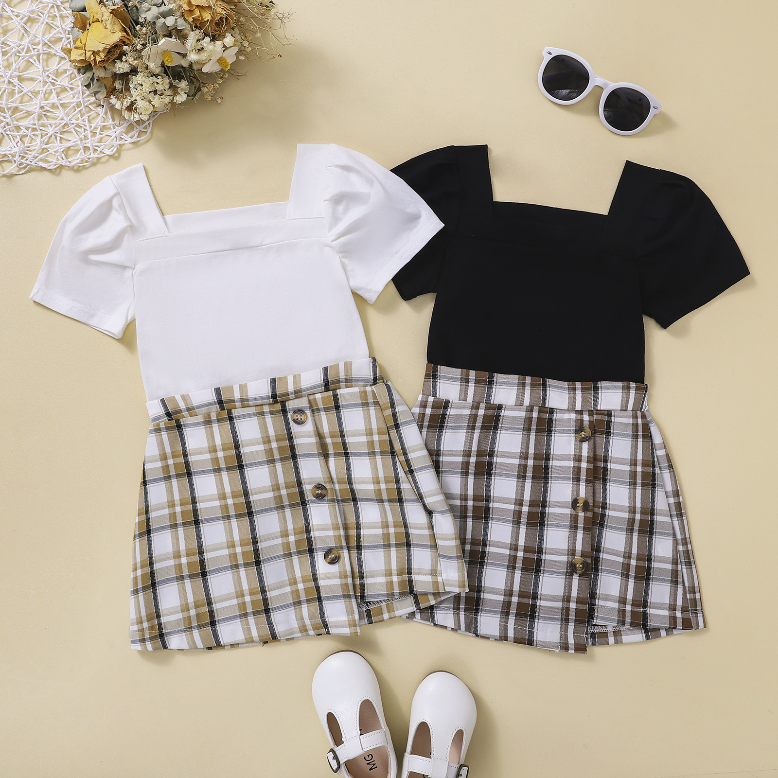 2Pcs Little Girl set Summer Toddlers Square Collar Short Sleeve Tops plaid Skirt, As picture
2Pcs Little Girl set Summer Toddlers Square Collar Short Sleeve Tops plaid Skirt, As picture