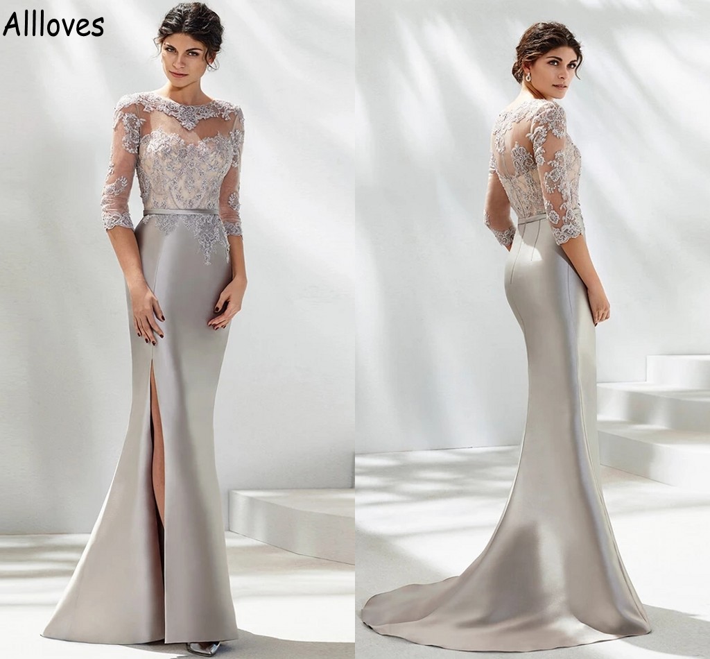 Silver Elegant Satin Mother Of The Bride Dresses Lace Appliqued With 3/4 Long Sleeves Formal Evening Party Gowns For Women Split Mermaid Wedding Guest Dress CL1248
Silver Elegant Satin Mother Of The Bride Dresses Lace Appliqued With 3/4 Long Sleeves Formal Evening Party Gowns For Women Split Mermaid Wedding Guest Dress CL1248